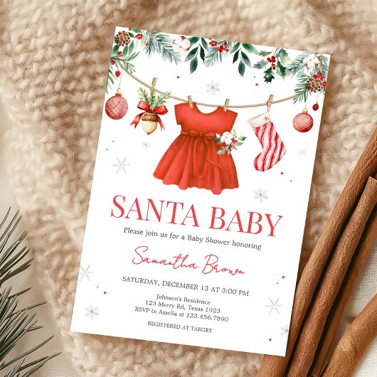 Girl Red Santa Christmas Baby Shower 招待状