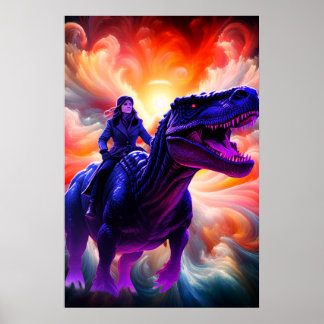 Girl Riding Dinosaur for Adults + Kid's Wall Room ポスター
