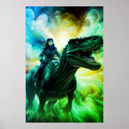 Girl Riding Dinosaur for Adults + Kid's Wall Room ポスター