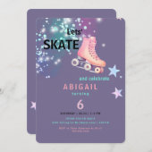  Girl Roller Skating Purple Neon Birthday Party 招待状 (正面/裏面)