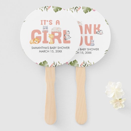 Girl Safari Animal Baby Shower ハンドファン (正面&裏面)
