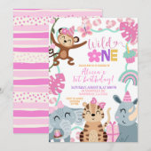 Girl Safari Birthday Wild One Party invitation 招待状 (正面/裏面)