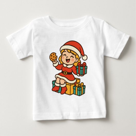 Girl Santa with Cookies and Gifts ベビーTシャツ (正面)
