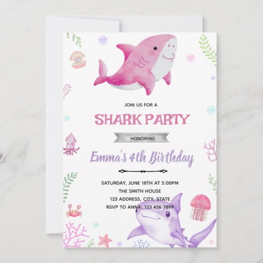 Girl shark birthday invitation 招待状 (正面)