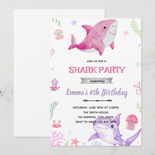 Girl shark birthday invitation 招待状 (正面/裏面)
