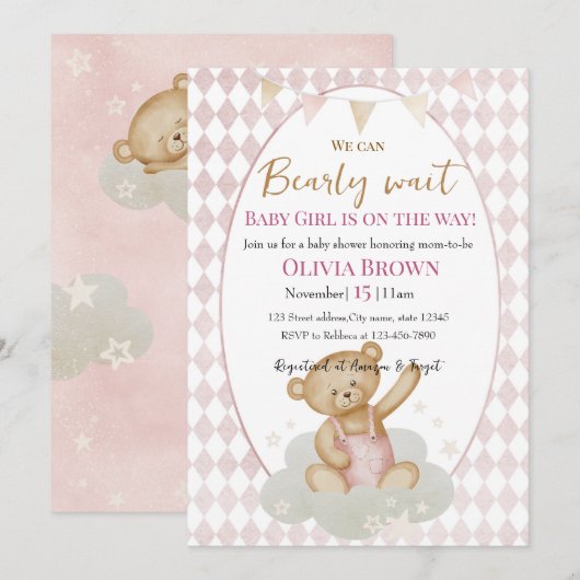 Girl Shower Invitation Pink Teddy Bear Design 招待状 (正面/裏面)