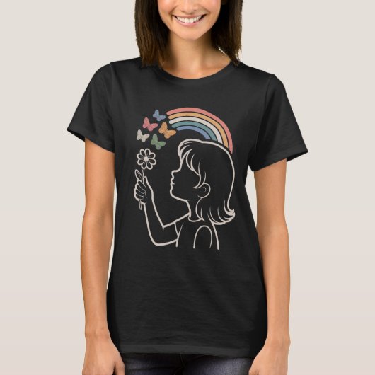 Girl Silhouette Rainbow Butterfly Illustration Tシャツ (正面)