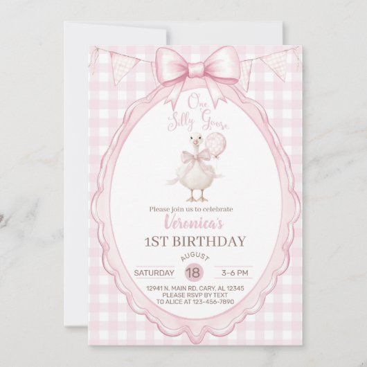 Girl Silly Goose 1st first birthday invite, goose. 招待状 (正面)
