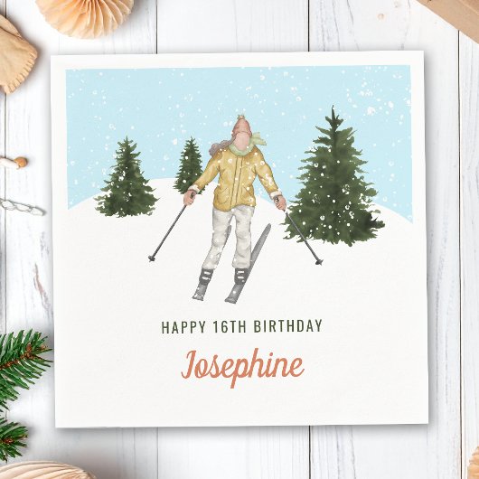 Girl Skiing In Winter Scene Watercolor Birthday スタンダードカクテルナプキン