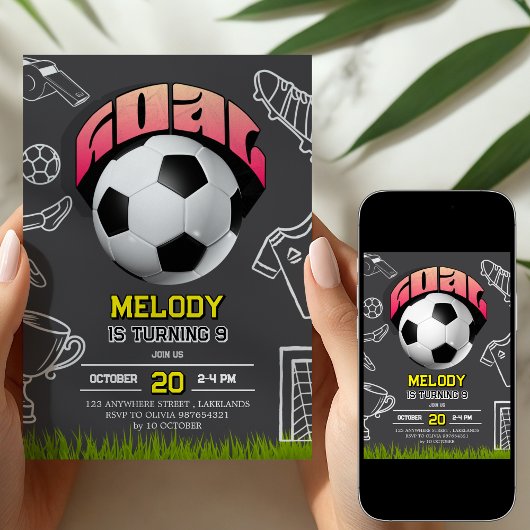 Girl Soccer Ball Birthday Party Invitation 招待状