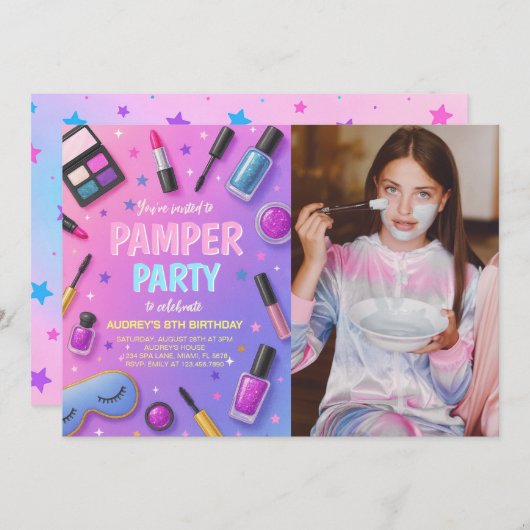 Girl Spa Pamper Party Birthday Photo Invitation 招待状 (正面/裏面)