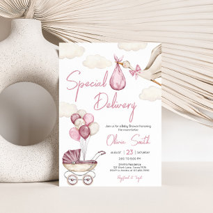 Girl Storck Special Delivery Baby Shower 招待状