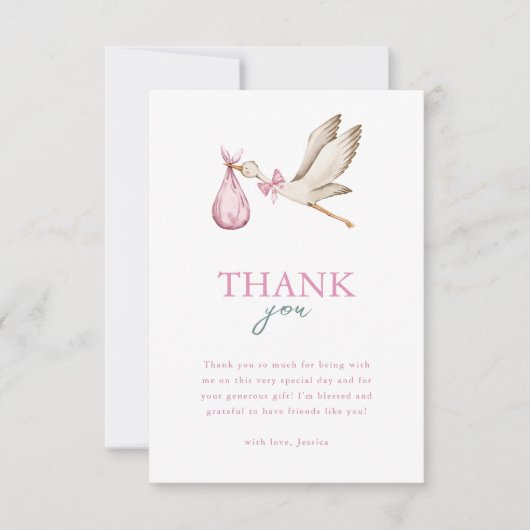 Girl Stork It Takes A Village Winter Baby Shower サンキューカード (正面)