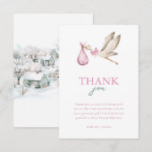 Girl Stork It Takes A Village Winter Baby Shower サンキューカード (正面/裏面)