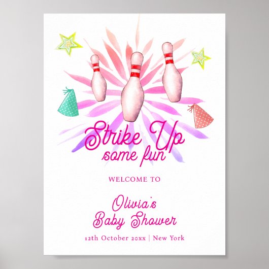 Girl Strike Up Bowling Baby Shower Welcome ポスター (正面)