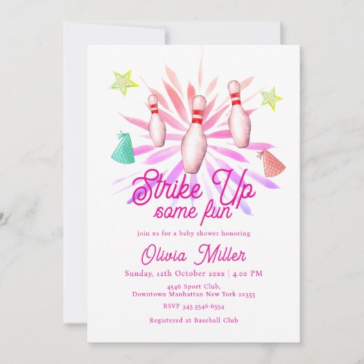 Girl Strike Up Some Fun Bowling Sport Baby Shower 招待状 (正面)