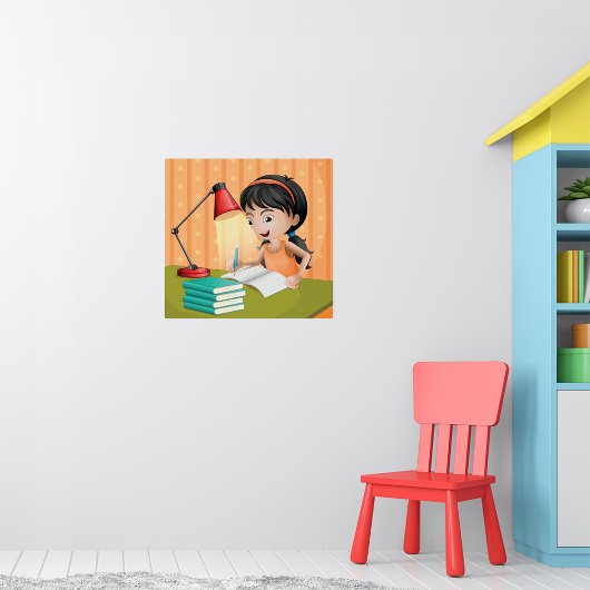 Girl Studying at Desk Doing Homework ポスター