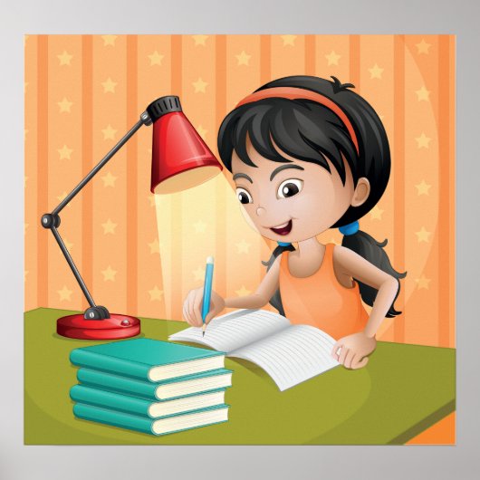 Girl Studying at Desk Doing Homework ポスター (正面)