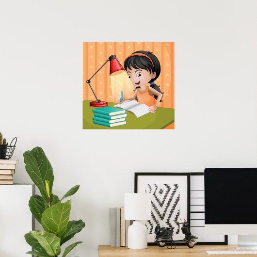 Girl Studying at Desk Doing Homework ポスター (ホームオフィス)