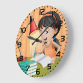 Girl Studying at Desk Doing Homework ラージ壁時計 (傾斜)