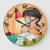 Girl Studying at Desk Doing Homework ラージ壁時計 (正面)