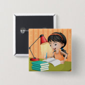 Girl Studying at Desk Doing Homework 缶バッジ (正面&裏面)