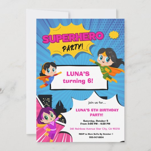 Girl Superhero Birthday Invitation 招待状 (正面)