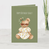Girl Teddy Bear Green Bow Birthday カード (正面)