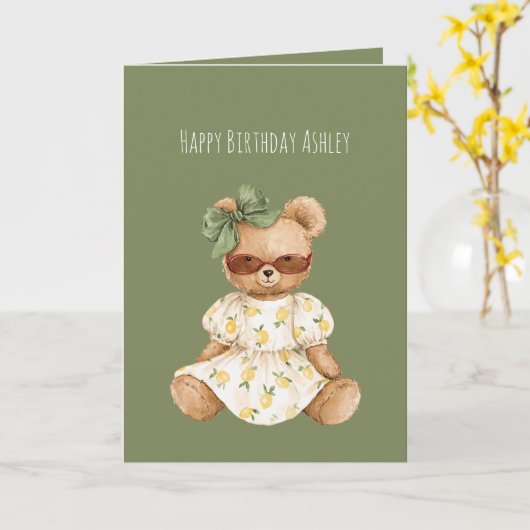 Girl Teddy Bear Green Bow Birthday カード (黄色い花)