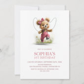 Girl Teddy Bear Playing Jump Rope 1st Birthday 招待状 (正面)