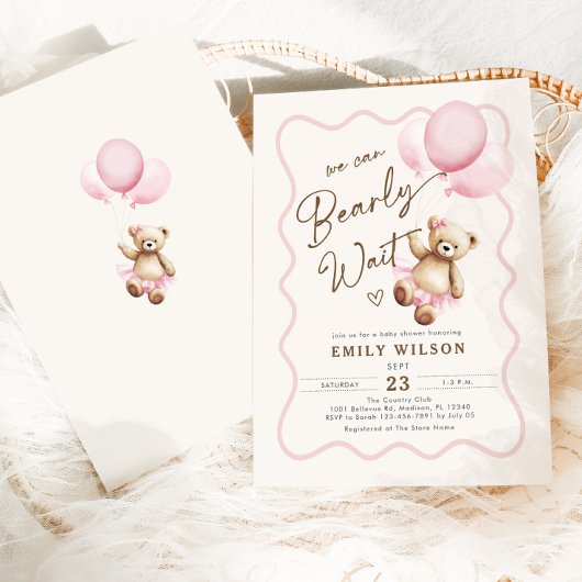 Girl Teddy Bear We Can Bearly Wait Baby Shower 招待状