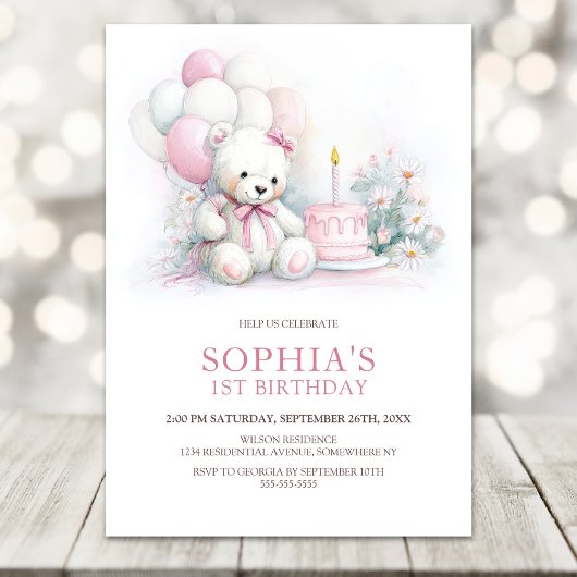 Girl Teddy Bear with Balloons 1st Birthday 招待状