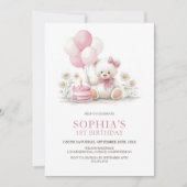 Girl Teddy Bear with Pink Balloons 1st Birthday 招待状 (正面)