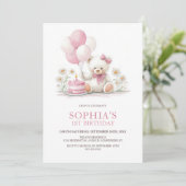 Girl Teddy Bear with Pink Balloons 1st Birthday 招待状 (スタンド正面)