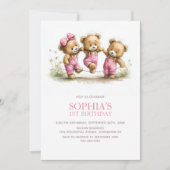 Girl Teddy Bears 1st Birthday Party 招待状 (正面)