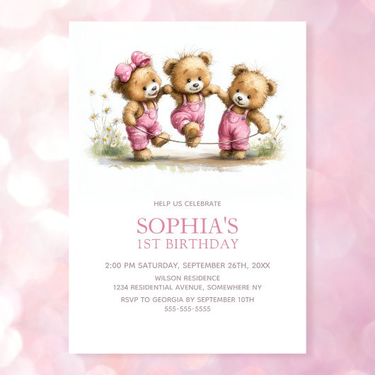 Girl Teddy Bears 1st Birthday Party 招待状