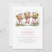 Girl Teddy Bears In Pink Overalls 1st Birthday 招待状 (正面)