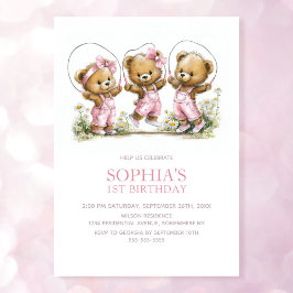 Girl Teddy Bears In Pink Overalls 1st Birthday 招待状