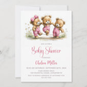 Girl Teddy Bears in Pink Overalls Baby Shower 招待状 (正面)