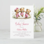 Girl Teddy Bears in Pink Overalls Baby Shower 招待状 (スタンド正面)