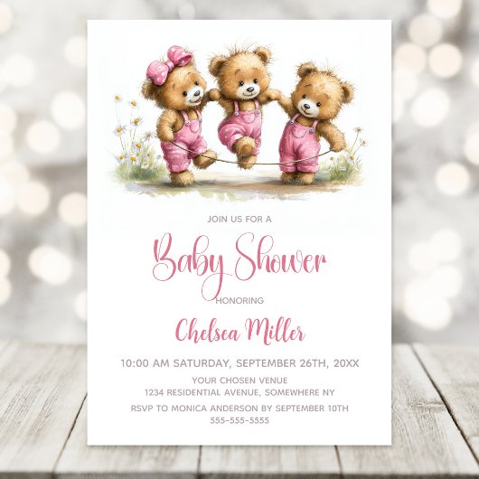 Girl Teddy Bears in Pink Overalls Baby Shower 招待状