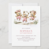 Girl Teddy Bears Jump Rope 1st Birthday Party 招待状 (正面)