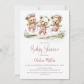 Girl Teddy Bears Wearing Pink Polka Dot Overalls 招待状 (正面)