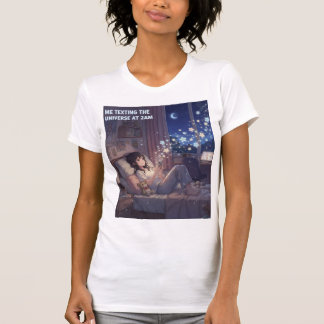 Girl Texting Universe At Night Bedroom Scene Tシャツ