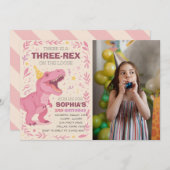 Girl Three-Rex Dinosaur Birthday Photo 招待状 (正面/裏面)