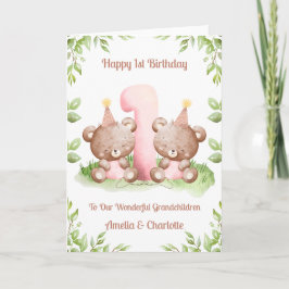 Girl Twins 1st Birthday Teddy Bears Card カード