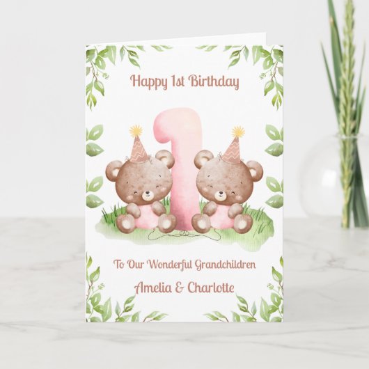 Girl Twins 1st Birthday Teddy Bears Card カード (正面)