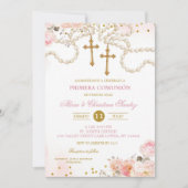 Girl Twins Pink Blossom Floral Rosary First Holy C 招待状 (正面)