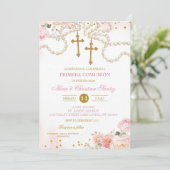 Girl Twins Pink Blossom Floral Rosary First Holy C 招待状 (スタンド正面)