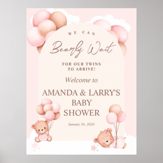 Girl Twins Teddy Bear Baby Shower Welcome ポスター (正面)